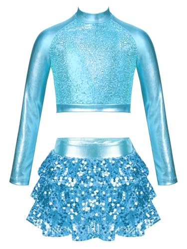 Alvivi Mädchen Tanzkleid Latein Pailletten Kleid Jazz Modern Dance Kostüm Glänzend Langarmshirt Crop Tops mit Rock Shorts Ballsaal Tanzkostüm A Hellblau 134-140 von Alvivi