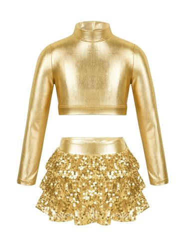 Alvivi Mädchen Tanzkleid Latein Pailletten Kleid Jazz Modern Dance Kostüm Langarm Crop Tops mit Rock Shorts Ballsaal Tanzkostüm Dancewear C Gold 134-140 von Alvivi