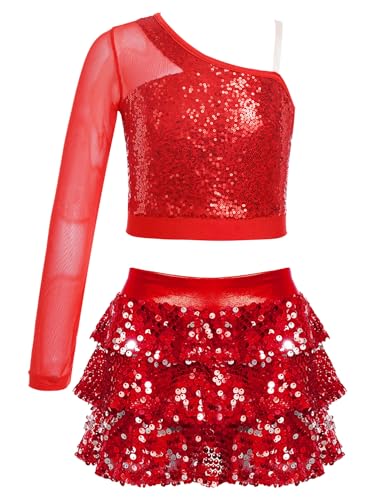 Alvivi Mädchen Tanzkleid Latein Pailletten Kleid Jazz Modern Dance Kostüm Langarm Crop Tops mit Rock Shorts Ballsaal Tanzkostüm Dancewear D Rot 146-152 von Alvivi