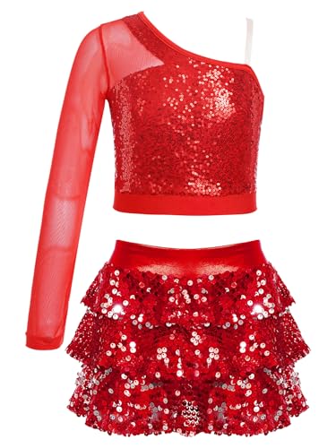 Alvivi Mädchen Tanzkleid Latein Pailletten Kleid Jazz Modern Dance Kostüm EIN-Schulter Langarmshirt Tops mit Rock Shorts Ballsaal Tanzkostüm A Rot 170-176 von Alvivi