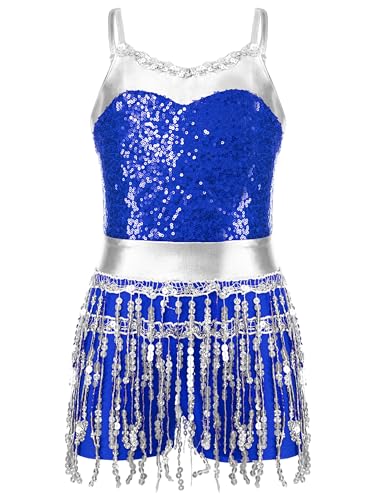 Alvivi Mädchen Tanzkleid Latein Pailletten Kleid Jazz Modern Dance Kostüm Quasten Kleid Salsa Tango Ballsaal Tanzkostüm G Blau 146-152 von Alvivi