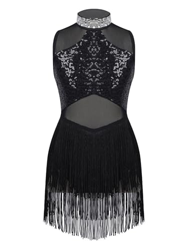 Alvivi Mädchen Tanzkleid Latein Pailletten Kleid Jazz Modern Dance Kostüm Quasten Kleid Salsa Tango Ballsaal Tanzkostüm Schwarz 170-176 von Alvivi