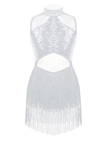 Alvivi Mädchen Tanzkleid Latein Pailletten Kleid Jazz Modern Dance Kostüm Quasten Kleid Salsa Tango Ballsaal Tanzkostüm Weiß 170-176 von Alvivi