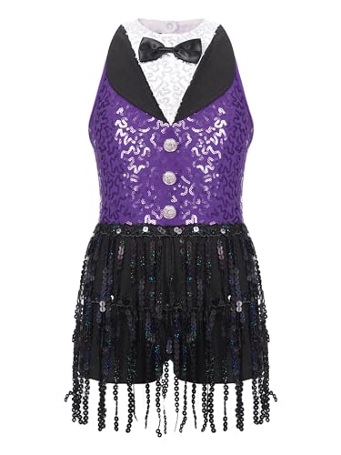 Alvivi Mädchen Tanzkleid Latein Pailletten Kleid mit Quasten Salsa Tango Ballsaal Jazz Modern Dance Tanzkostüm Lila 122-128 von Alvivi