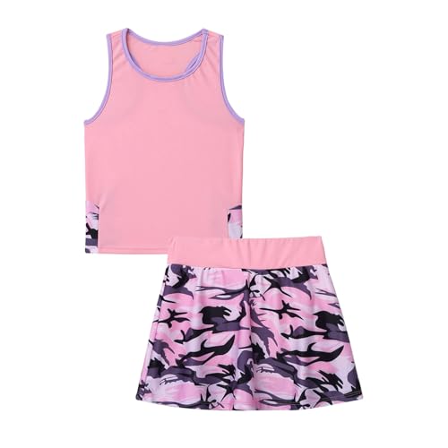 Alvivi Mädchen Tennis Kleider Sport BH Crop Tops mit Rock Tennisrock Sport Trikot Ballett Tanz Yoga Outfits Sport Trainingsanzug B Camouflage Rosa 128 von Alvivi