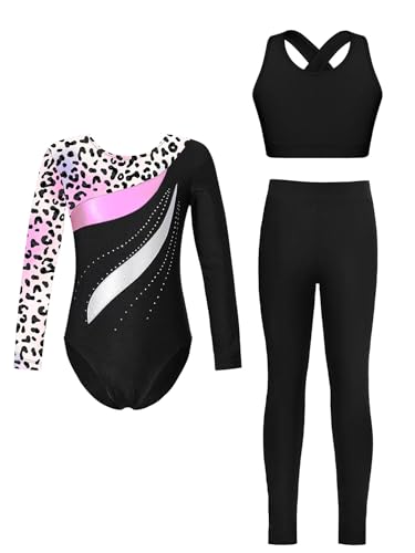 Alvivi Mädchen Turnanzug Glitzer Gymnastikanzug + Leggings Hose + Sport BH Tops Langarm Ballettanzug Gymnastik Leotard Akrobatik Wettbewerb Tanzkostüm Leopard 146-152 von Alvivi