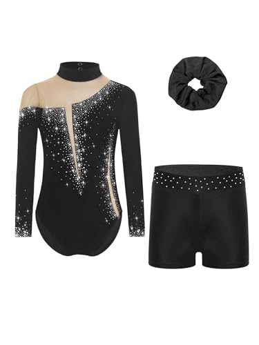Alvivi Mädchen Turnanzug Glitzer Gymnastikanzug Langarm Gymnastik Leotard mit Kurze Hose Haarband Gymnastikbody Turntrikot Gymnastik Kleidung A Schwarz 170-176 von Alvivi