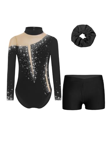 Alvivi Mädchen Turnanzug Glitzer Gymnastikanzug Langarm Gymnastik Leotard mit Kurze Hose Haarband Gymnastikbody Turntrikot Gymnastik Kleidung B Schwarz 134-140 von Alvivi