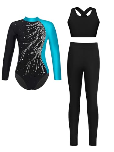 Alvivi Mädchen Turnanzug Glitzer Gymnastikanzug mit Hose Sport BH Tops Langarm Gymnastikbody Turntrikot Gymnastik Kleidung Tanzkostüm Blau 170-176 von Alvivi