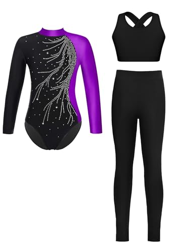 Alvivi Mädchen Turnanzug Glitzer Gymnastikanzug mit Hose Sport BH Tops Langarm Gymnastikbody Turntrikot Gymnastik Kleidung Tanzkostüm Lila 134-140 von Alvivi