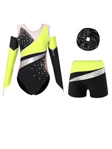 Alvivi Mädchen Turnanzug Glitzer Gymnastikanzug mit Kurze Hose Haarband Kinder Gymnastikbody Turntrikot Langarm Gymnastik Kleidung Tanzkostüm Gelb 134-140 von Alvivi
