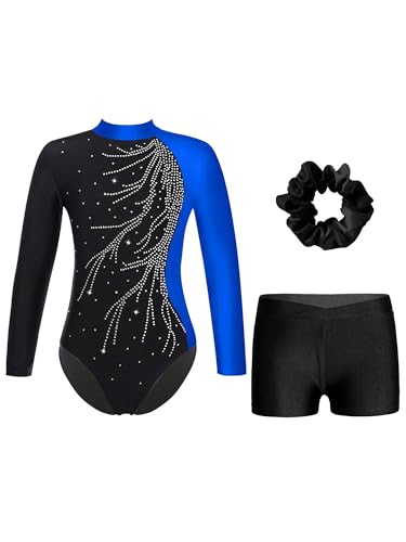 Alvivi Mädchen Turnanzug Glitzer Gymnastikanzug mit Kurze Hose Haarband Langarm Gymnastikbody Turntrikot Gymnastik Kleidung Tanzkostüm A Blau&Schwarz 146-152 von Alvivi