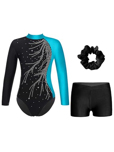 Alvivi Mädchen Turnanzug Glitzer Gymnastikanzug mit Kurze Hose Haarband Langarm Gymnastikbody Turntrikot Gymnastik Kleidung Tanzkostüm Aa See Blau&Schwarz 170-176 von Alvivi