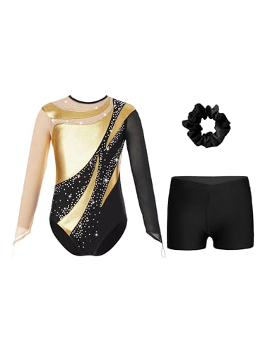 Alvivi Mädchen Turnanzug Glitzer Gymnastikanzug mit Kurze Hose Haarband Langarm Gymnastikbody Turntrikot Gymnastik Kleidung Tanzkostüm B Gold 134-140 von Alvivi