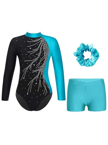 Alvivi Mädchen Turnanzug Glitzer Gymnastikanzug mit Kurze Hose Haarband Langarm Gymnastikbody Turntrikot Gymnastik Kleidung Tanzkostüm Blau 170-176 von Alvivi