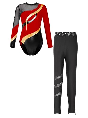 Alvivi Mädchen Turnanzug Langarm Gymnastikanzug Patchwork Ballettanzug mit Leggings Hose Trikotanzug Akrobatik Anzug Eislaufen Tanzkostüm Rot 134-140 von Alvivi