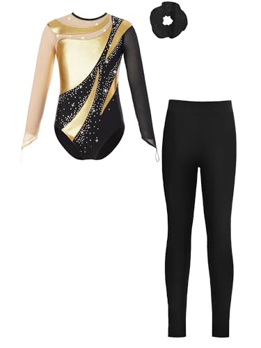 Alvivi Mädchen Turnanzug Langarm Gymnastikanzug mit Hose Haarband Patchwork Ballettanzug Trikotanzug Akrobatik Anzug Eislaufen Tanzkostüm Gold Schwarz 158-164 von Alvivi