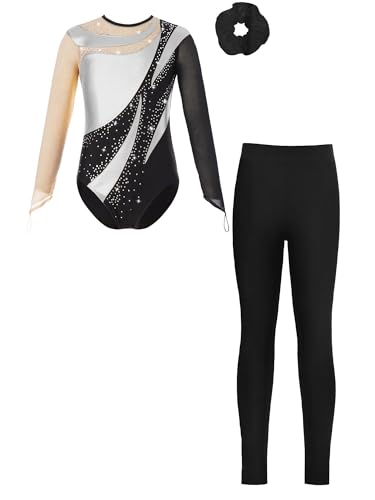 Alvivi Mädchen Turnanzug Langarm Gymnastikanzug mit Hose Haarband Patchwork Ballettanzug Trikotanzug Akrobatik Anzug Eislaufen Tanzkostüm Silber Schwarz 146-152 von Alvivi