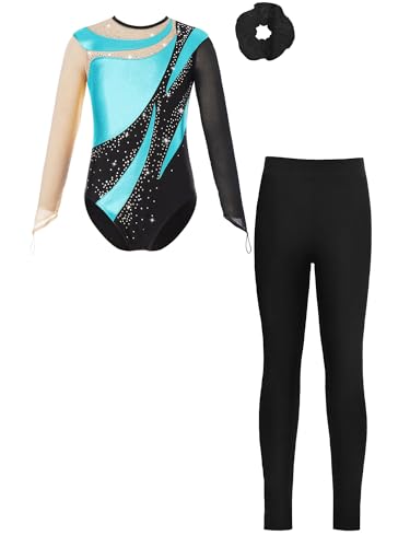 Alvivi Mädchen Turnanzug Langarm Gymnastikanzug mit Hose Haarband Patchwork Ballettanzug Trikotanzug Akrobatik Anzug Eislaufen Tanzkostüm Türkis Schwarz 134-140 von Alvivi