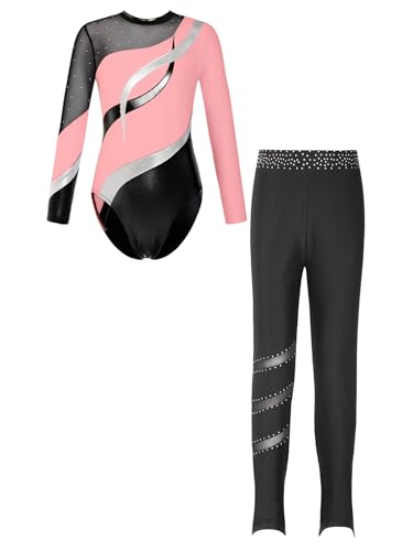 Alvivi Mädchen Turnanzug Langarm Gymnastikanzug mit Leggings Hose Farbblock Ballettanzug Trikotanzug Akrobatik Anzug Eislaufen Tanzkostüm G Rosa 170-176 von Alvivi