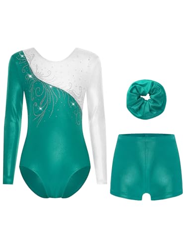 Alvivi Mädchen Turnanzug mit Kurze Hose Haarband Set Glitzer Gymnastikanzug Langarm Gymnastik Leotard Gymnastikbody Turntrikot Wettbewerb Tanzkostüm Grün 158-164 von Alvivi