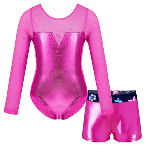 Alvivi Mädchen Turnanzug mit kurzer Hose Einhörner Gymnastikanzug Langarm Ballettanzug Glänzend Tanzbody Gymnastik Tanzkostüm K Rose 134-140 von Alvivi