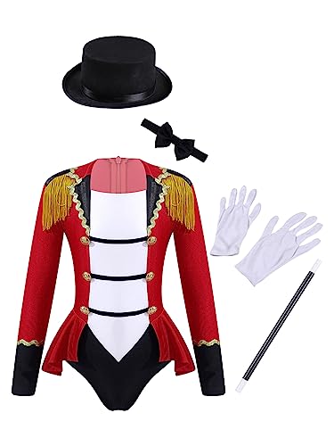 Alvivi Mädchen Zirkus Kostüm Zirkusdirektor Kleid mit Zylinder Langarm Body Overall Cosplay Halloween Weihnachten Karneval Kostüm A Rot 146-152 von Alvivi