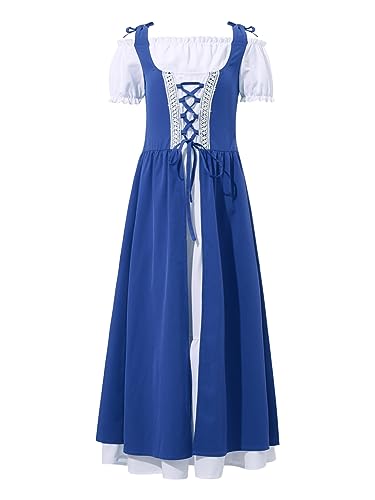 Alvivi Mittelalterliches Kleid Mädchen Mittelalter Kleid Renaissance Viktorianischen Kleid Kurzarm Vintage Retro Maxikleid Halloween Karneval Fasching Blau 134-140 von Alvivi