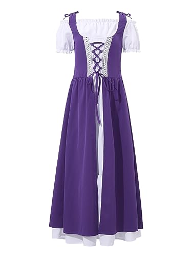 Alvivi Mittelalterliches Kleid Mädchen Mittelalter Kleid Renaissance Viktorianischen Kleid Kurzarm Vintage Retro Maxikleid Halloween Karneval Fasching Dunkel Lila 110-116 von Alvivi