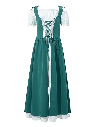 Alvivi Mittelalterliches Kleid Mädchen Mittelalter Kleid Renaissance Viktorianischen Kleid Kurzarm Vintage Retro Maxikleid Halloween Karneval Fasching Grün 122-128 von Alvivi