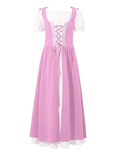 Alvivi Mittelalterliches Kleid Mädchen Mittelalter Kleid Renaissance Viktorianischen Kleid Kurzarm Vintage Retro Maxikleid Halloween Karneval Fasching Rosa 134-140 von Alvivi