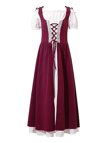 Alvivi Mittelalterliches Kleid Mädchen Mittelalter Kleid Renaissance Viktorianischen Kleid Kurzarm Vintage Retro Maxikleid Halloween Karneval Fasching Weinrot 134-140 von Alvivi