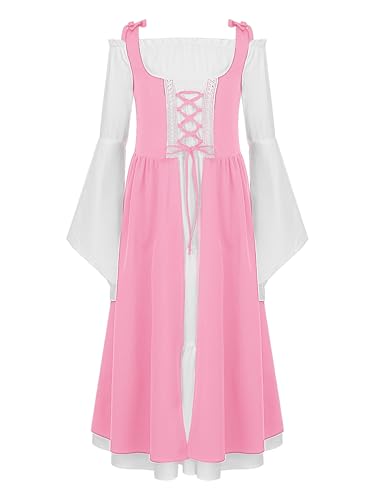 Alvivi Mittelalterliches Kleid Mädchen Mittelalter Kleid Renaissance Viktorianischen Kleider Vintage Retro Maxikleid Halloween Karneval Fasching A Rosa 122-128 von Alvivi