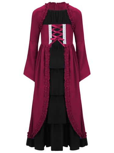 Alvivi Mittelalterliches Kleid Mädchen Mittelalter Kleid Renaissance Viktorianischen Kleider Vintage Retro Maxikleid Halloween Karneval Fasching Bx Mahagoni 146-152 von Alvivi