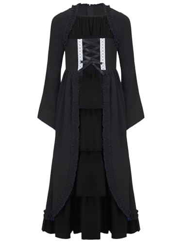 Alvivi Mittelalterliches Kleid Mädchen Mittelalter Kleid Renaissance Viktorianischen Kleider Vintage Retro Maxikleid Halloween Karneval Fasching Bx Schwarz 134-140 von Alvivi