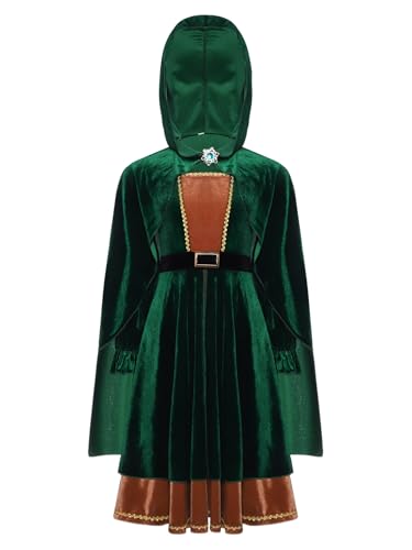 Alvivi Mittelalterliches Kleid Mädchen Mittelalter Kleid Samt Bogenschütze Kleider mit Umhang Renaissance Kleider Halloween Karneval Partykleid Grün 170-176 von Alvivi