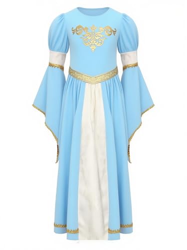 Alvivi Mittelalterliches Kleid Mädchen Mittelalter Kleid Vintage Bandage Renaissance Kleid Maxikleid Cosplay Karneval Fasching Partykleid B Hellblau 170-176 von Alvivi