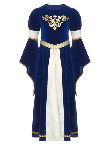 Alvivi Mittelalterliches Kleid Mädchen Mittelalter Kleid Vintage Bandage Renaissance Kleid Maxikleid Cosplay Karneval Fasching Partykleid B Königsblau 170-176 von Alvivi