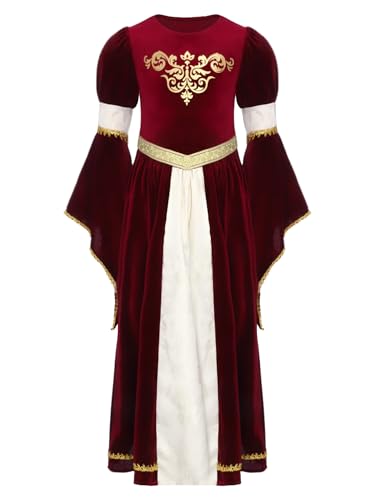 Alvivi Mittelalterliches Kleid Mädchen Mittelalter Kleid Vintage Bandage Renaissance Kleid Maxikleid Cosplay Karneval Fasching Partykleid B Rot 122-128 von Alvivi