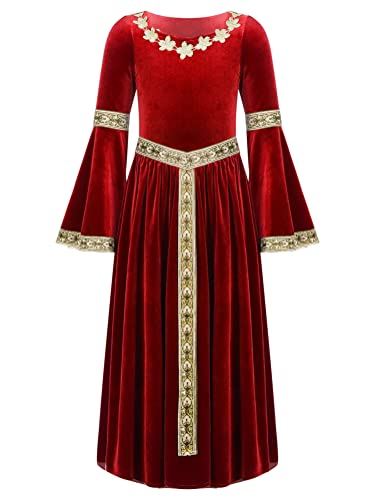 Alvivi Mittelalterliches Kleid Mädchen Mittelalter Kleid Vintage Bandage Renaissance Kleid Maxikleid Cosplay Karneval Fasching Partykleid A Rot 110-116 von Alvivi