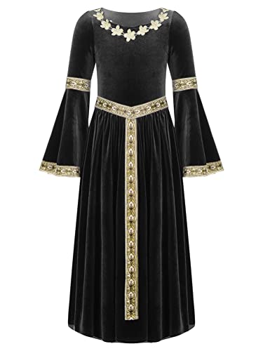Alvivi Mittelalterliches Kleid Mädchen Mittelalter Kleid Vintage Bandage Renaissance Kleid Maxikleid Cosplay Karneval Fasching Partykleid A Schwarz 134-140 von Alvivi
