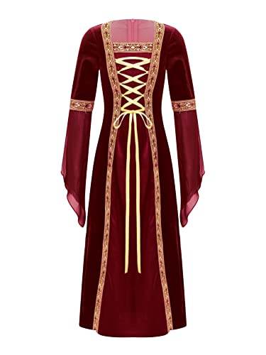 Alvivi Mittelalterliches Kleid Mädchen Mittelalter Kleid Vintage Bandage Renaissance Kleid Maxikleid Partykleid Cosplay Karneval Fasching Verkleidung Weinrot 98-104 von Alvivi
