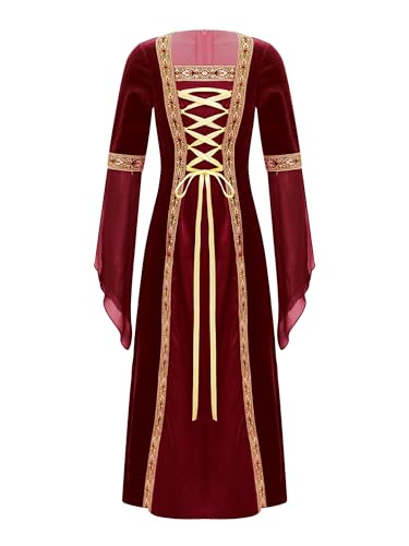 Alvivi Mittelalterliches Kostüm Mädchen Mittelalter Kleid Vintage Bandage Renaissance Kleid Maxikleid Partykleid Cosplay Karneval Fasching Kostüm A Weinrot 122-128 von Alvivi