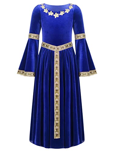Alvivi Mittelalterliches Kleid Mädchen Mittelalter Kleid Vintage Bandage Renaissance Kleid Maxikleid Cosplay Karneval Fasching Partykleid A Blau 146-152 von Alvivi