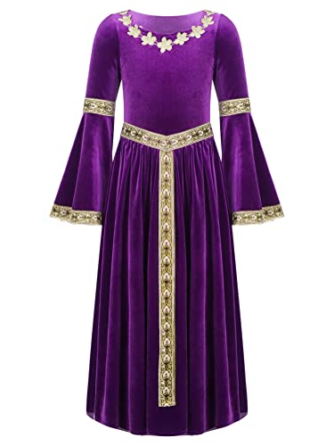 Alvivi Mittelalterliches Kleid Mädchen Mittelalter Kleid Vintage Bandage Renaissance Kleid Maxikleid Cosplay Karneval Fasching Partykleid A Lila 134-140 von Alvivi