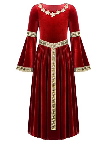 Alvivi Mittelalterliches Kostüm Mädchen Mittelalter Kleid Vintage Bandage Renaissance Kleid Maxikleid Partykleid Cosplay Karneval Fasching Kostüm B Rot 122-128 von Alvivi