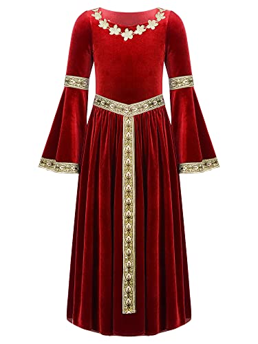 Alvivi Mittelalterliches Kostüm Mädchen Mittelalter Kleid Vintage Bandage Renaissance Kleid Maxikleid Partykleid Cosplay Karneval Fasching Kostüm B Rot 146-152 von Alvivi