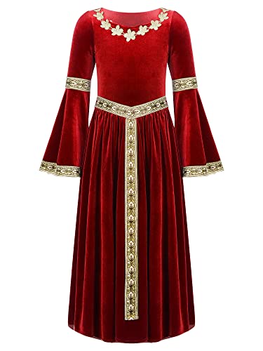 Alvivi Mittelalterliches Kleid Mädchen Mittelalter Kleid Vintage Bandage Renaissance Kleid Maxikleid Cosplay Karneval Fasching Partykleid A Rot 158-164 von Alvivi