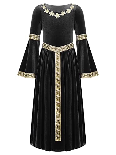 Alvivi Mittelalterliches Kostüm Mädchen Mittelalter Kleid Vintage Bandage Renaissance Kleid Maxikleid Partykleid Cosplay Karneval Fasching Kostüm Ba Schwarz 146-152 von Alvivi