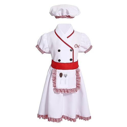 Alvivi Unisex Koch Uniform Kochjacke Chef Jacke Bäckerjacke mit +Kochmütze Kellner Kellnerin Mantel Cosplay Kostüm Verkleidung C Mädchen 128-140 von Alvivi
